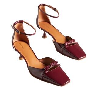 Reformation Darcy Burgundy Patent Leather Square Toe Bow Kitten Heels Size 10
